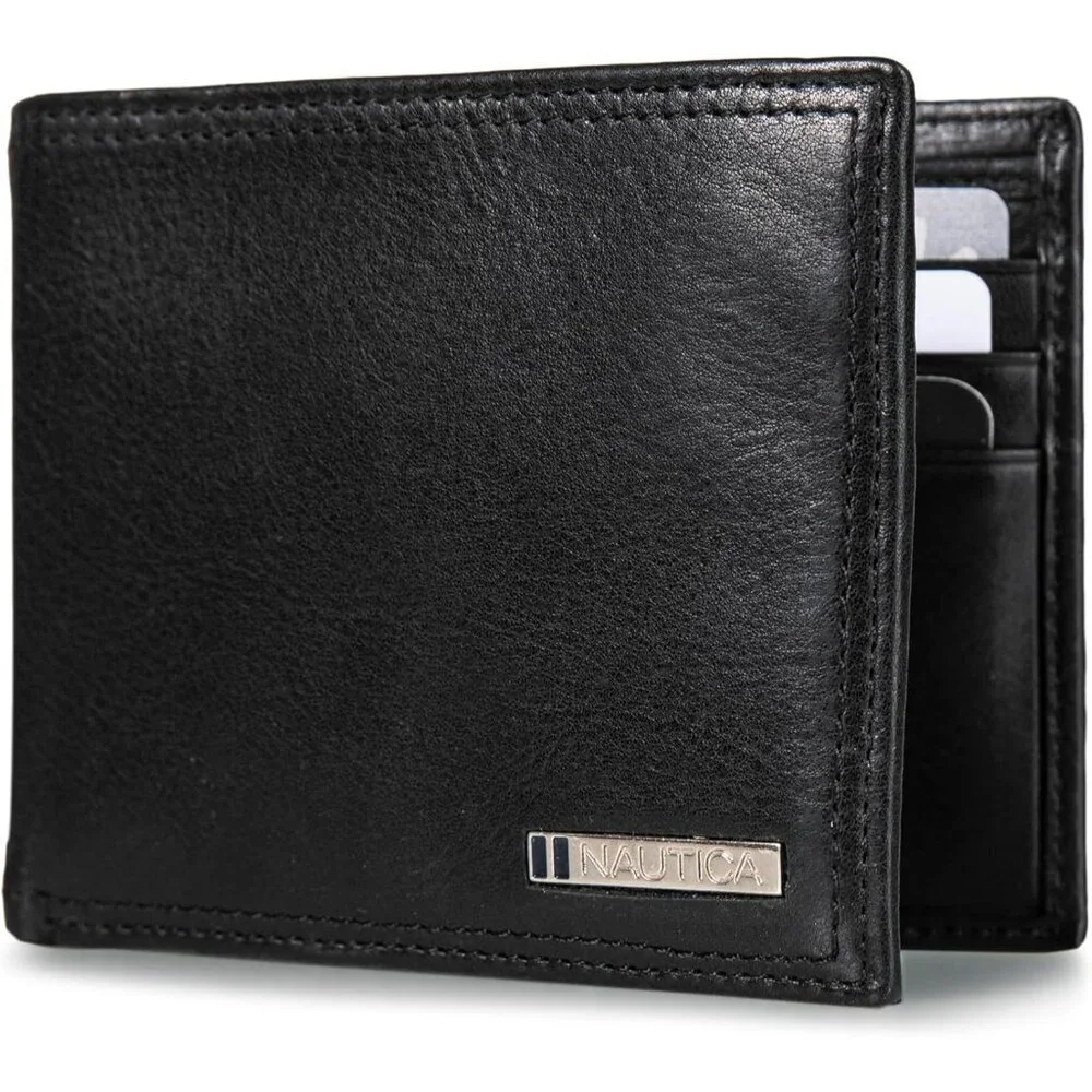 Men's Logo - Black Bifold Leather Wallet RFID Blocking ID Window Card Slots